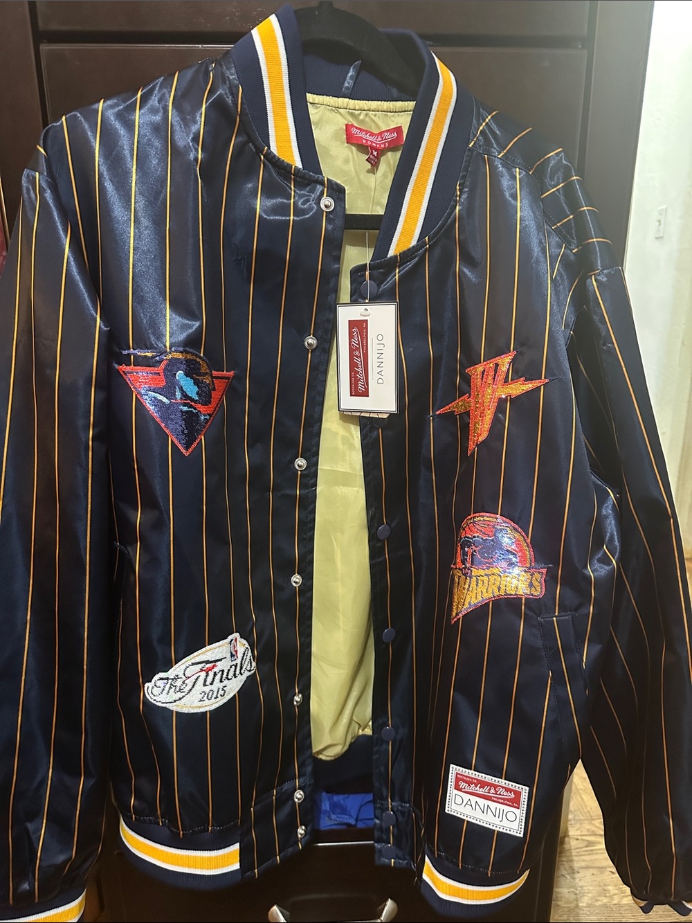 Mitchell & Ness Golden State Navy Satin Pinstripe Bomber Jacket with Yellow Trim